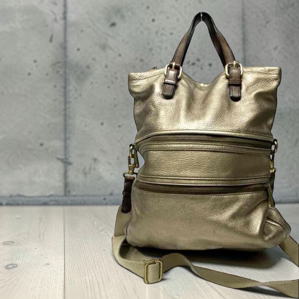 Fossil Explorer Foldover Tote Crossbody Bag Metallic Bronze Leather Large - Picture 3 of 9